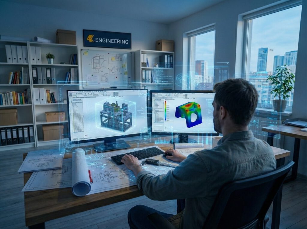 CAD-Arbeitsplatz bei 4K-Engineering: Baugruppen-Konstruktion und FEM-Spannungsplot auf zwei Monitoren