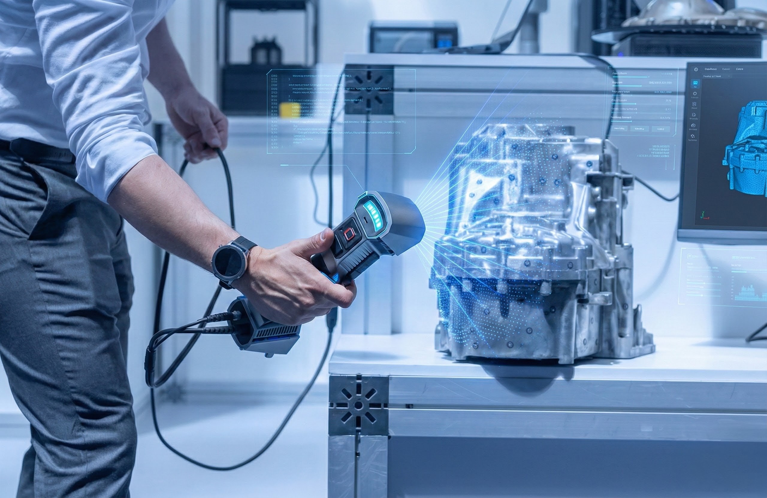 Handgeführter 3D-Scanner erfasst ein Getriebegehäuse, am Monitor daneben entsteht das digitale Modell