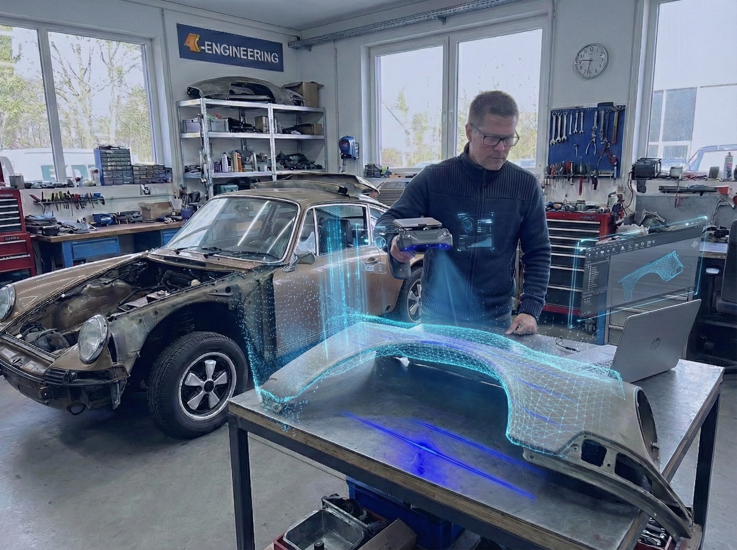 3D-Scan eines Oldtimer-Karosserieteils in der Werkstatt, im Hintergrund die Rohkarosserie eines klassischen Sportwagens